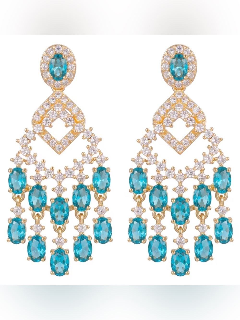 Gold-Tone Teal Crystal Chandelier Earrings